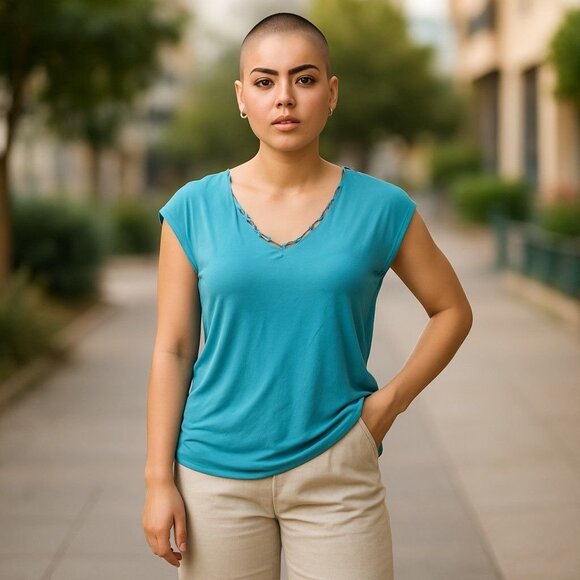 White House Black Market Sleeveless Blue Womens M Top V-Neck w/ Metal Trim - Picture 1 of 10